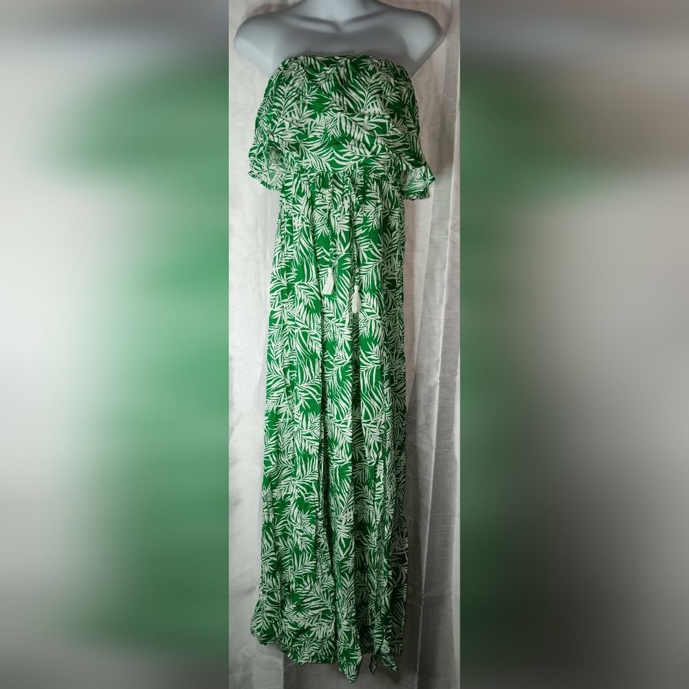 Japna Green and White Strapless Maxi Dress